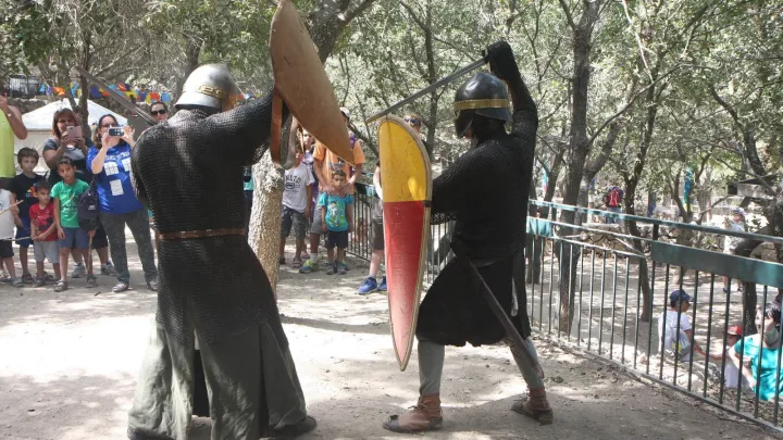 משתתפים במסכות מגן מדגימים סיוף היסטורי מול הקהל.